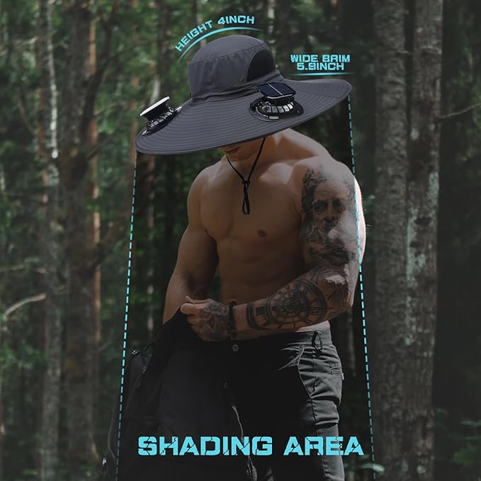 Berlune Men Sun Hat with 2 Solar Fans Wide Brim Outdoor Fishing Hat USB & Solar Powered for Sun Protection Camping Hiking