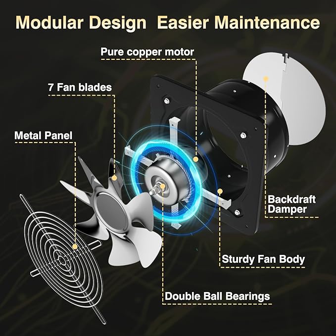 8 inch Exhaust Fan, Kitchen Exhaust Fan for Wall, Potable Window Exhaust Fans, 576CFM Wall mounted Bathroom Fan with Check Valve for Kitchen, Workshop, Basement (Black)