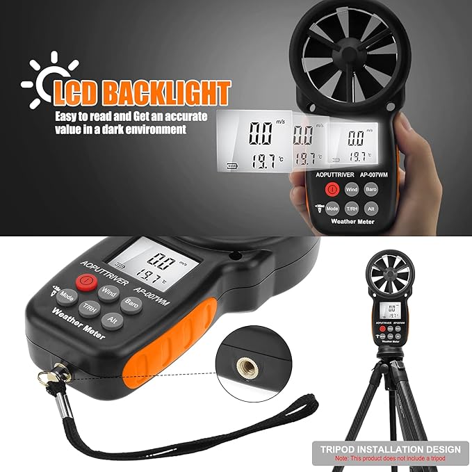 Digital Anemometer Barometer Pressure Gauge for Wind Speed Temperature/Humidity/Dew Point/Wind Chill/Altimeter Barometer with Backlight MAX MIN AVG AP-007WM