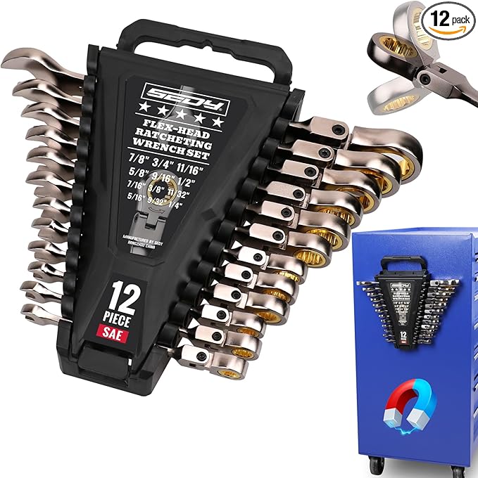 SEDY Premium 12-Piece SAE Flex-Head Ratchet Wrenches Set 1/4"-7/8" with Magnetic Organizer, Cr-V Steel Ratcheting Wrench Set with 72 Teeth 180° Flex Head, Ratchet Combination Wrench Set for Repair