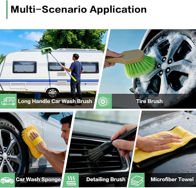 10FT Car Wash Brush with Long Handle, Car Cleaning Kit with Telescoping Pole and Soft Bristles Brush, Detailing Brushes, Tire Brush, Car Wash Sponge & Towel for RV, SUV, Trucks, Floors, House Siding