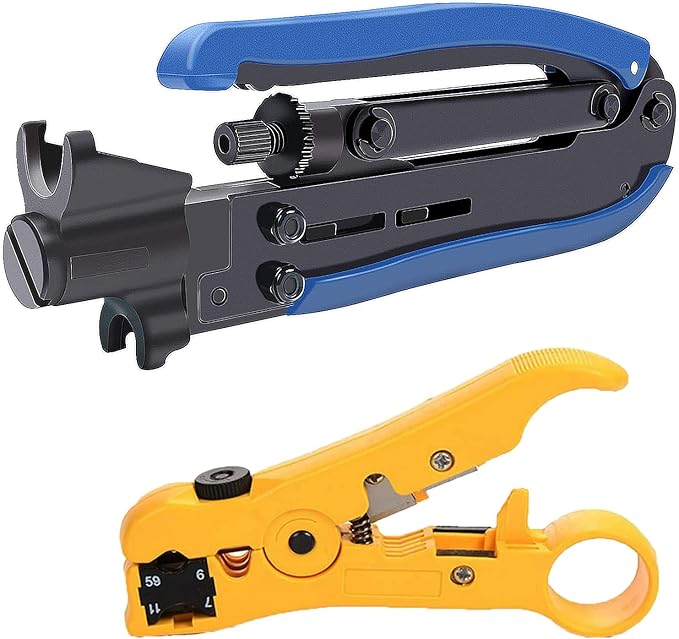 Adjustable RG6 RG11 Coax Cable Crimper Kit - RG6 & RG11 Compression Tool, Stripper
