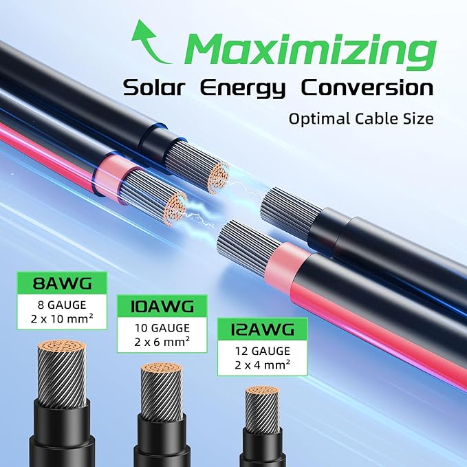 Bateria Power 10Ft 10AWG Solar Panel Extension Cable, 6mm² Twin PV Wire Conductor Parallel Solar Wire Adapter Kit with Waterproof Female & Male Solar Connectors for RV (Both Ends Installed)