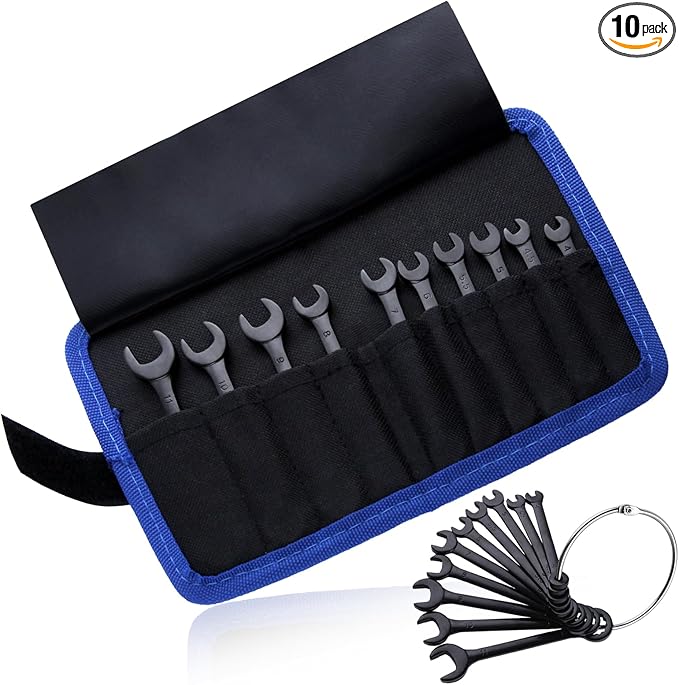 Mini Wrench Set Metric 10-Piece Ignition Wrench Set, 4-11mm Open End and Box End Combination Wrenches, Super Thin Small Wrenches with Zipper Bag and Key Ring for Small Fasteners, Black