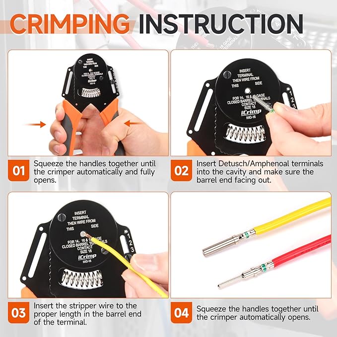 iCrimp Closed Barrel Crimper 4 Way Indent,8 Impression Type Deutsch Crimper for Solid Contacts Gage 14,16&18(IWD-16) with DT Connector Kit