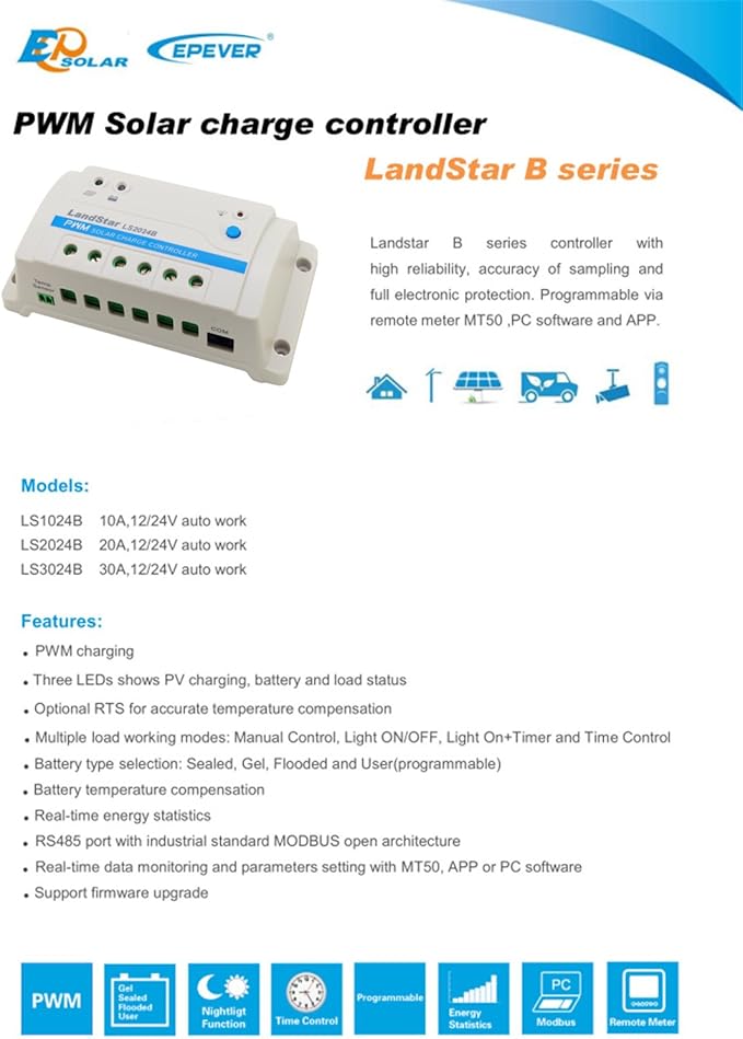 EPEVER 30A PWM Solar Charge Controller LS3024B 12V/24V Auto Work for Solar Lighting System Multiple Load Working Mode Manual Control, Light ON/Off, Timer (LS3024B)
