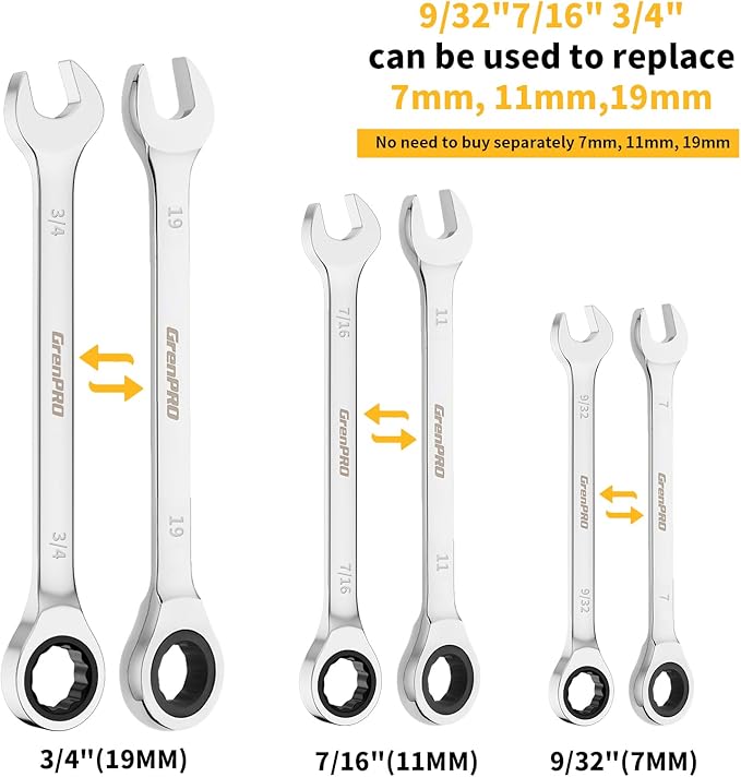 Ratcheting Wrench Set, Combination Wrench Set, 22-Piece SAE & Metric and Standard, 72Th Long Open End, 1/4" to 3/4" & 6-18mm, Organizer With Roll Up Pouch, CR-V Socket Mechanic Hand Tools Sets