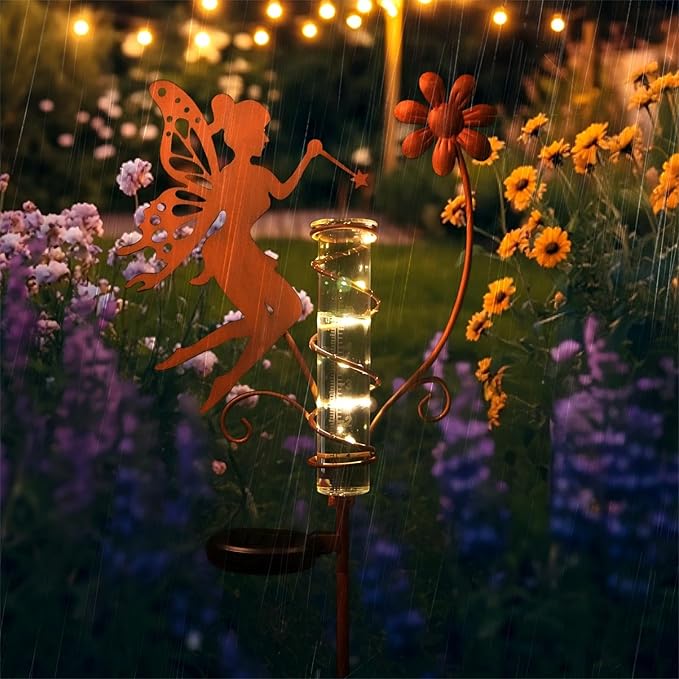 HONGLAND Rain Gauge Outdoor with Solar Lights - Metal Fairy Stakes & Replaceable Glass Tube - Garden Rain Gauge Decorations for Patio, Balcony, Yard, Lawn - Unique Holiday Gift Ideas