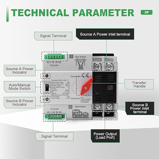 100Amp AC 220V Automatic/Manual Transfer Switch 2P 50/60Hz, 2POLE 100A Mini ATS Solar Auto Dual Power Switch for Home, Din Rail Mounted Cn Automatic Changeover Fast Transfe for Rv, Lv Power