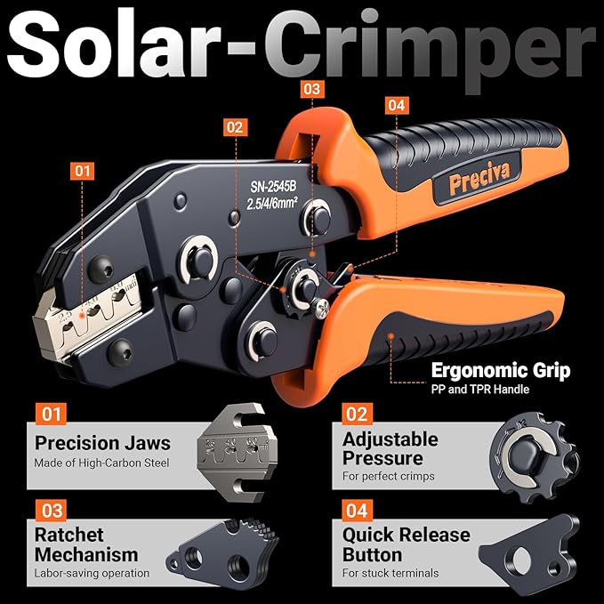 Preciva Solar Crimper Tool Kit, 10 Pairs MC4 Connectors & 2 Wrench, 1 Ratcheting Crimper for 16-6 AWG (2.5-6mm²) Cable, Waterproof PV Connector Assembly Kit with Carry Case for Solar Installation
