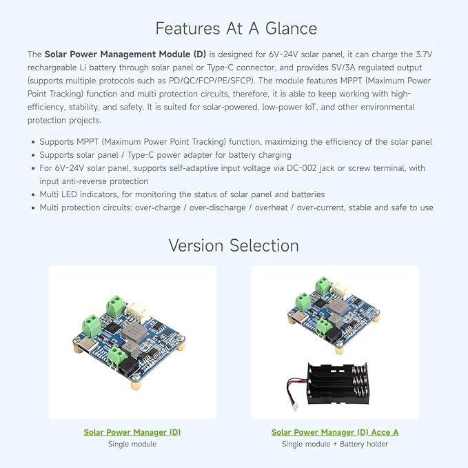 Waveshare Solar Power Manager Module (D), Solar Charge Controller USB, Supports 6V~24V Solar Panel and Type-C Power Adapter, 5V/3A Regulated Output, with Battery Holder (Batteries are Not Included)