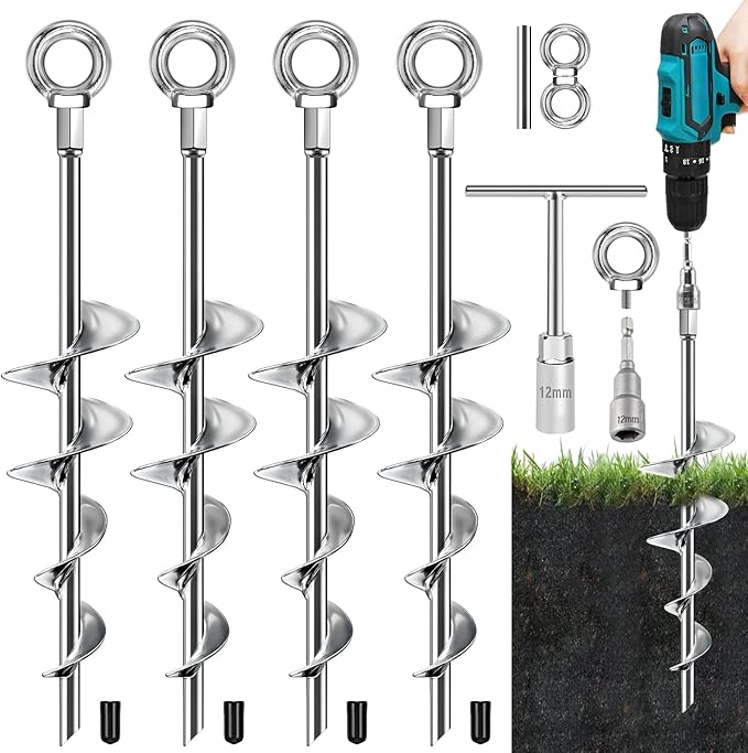 Ground Anchors Screw in, 18 Inch Ground Anchors Heavy Duty Metal Earth Auger Anchors Trampoline Stakes Kit High Wind for Swing Set Shed Rv Canopy Gazebo Mobile Home Tree Playground Dog, 4 Pack