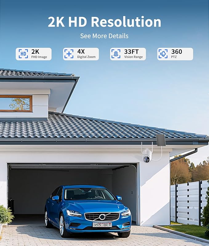 2K Solar Security Cameras Wireless Outdoor, 360° View Outdoor Camera for Home Security with Color Night Vision, Battery Powered, AI PIR Detection, Spotlight Siren Alarm, Only 2.4Ghz WiFi