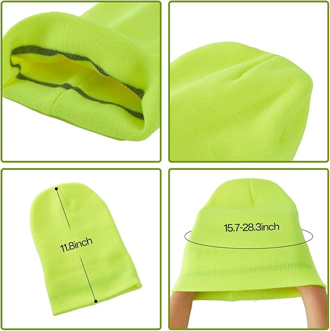 Sucrain 2 PCS Reflective Knit Hat Adult Safety Beanies Hats Warm Winter Knit Caps with Reflective Stripes for Outdoor Work