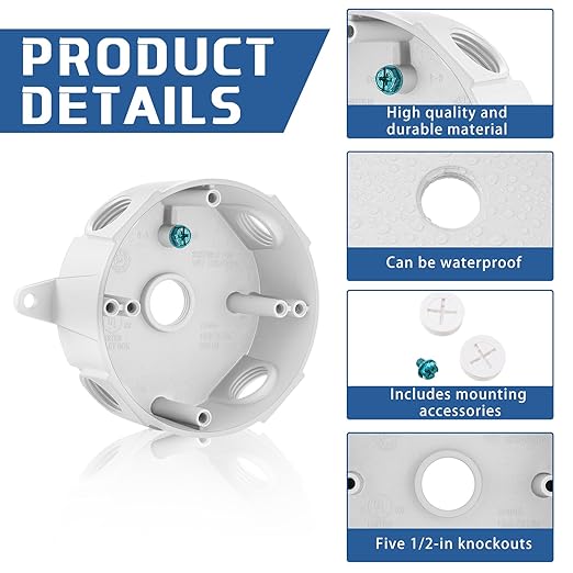 Juexica 4 Pcs 4 Inch Round Electrical Box 1/2 Inch 5 Holes Weatherproof Outlet Junction Ceiling Fan Box for Outdoor Lighting Systems, UL Listed(White)