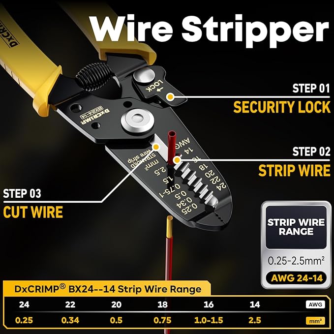 Crimping Tool For Spade Kit with Wire Stripper — Ratcheting Crimper Wire Terminal Crimper for 24–14 AWG Spade & Open Terminals and Electrical Wire Connectors, for Auto, Marine, Appliance, DIY