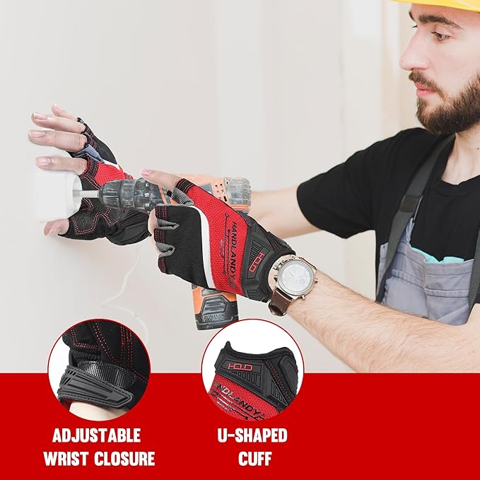 'HANDLANDY Fingerless Work Gloves for Men and Women Utility Padded Half Finger Driving Working Gloves (Small, Red)