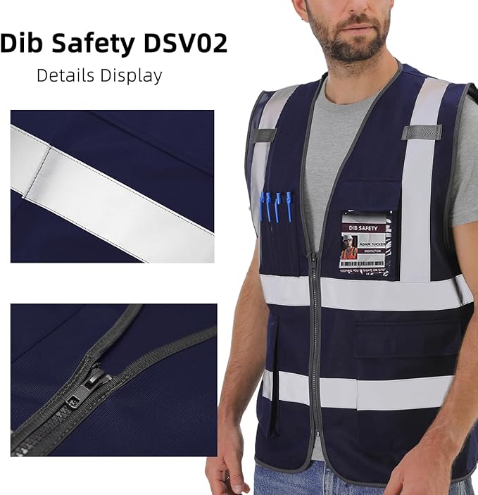 Dib Safety Reflective Vest ANSI Class 2, High Visibility Vest with Pockets and Zipper, Construction Work, Hi Vis