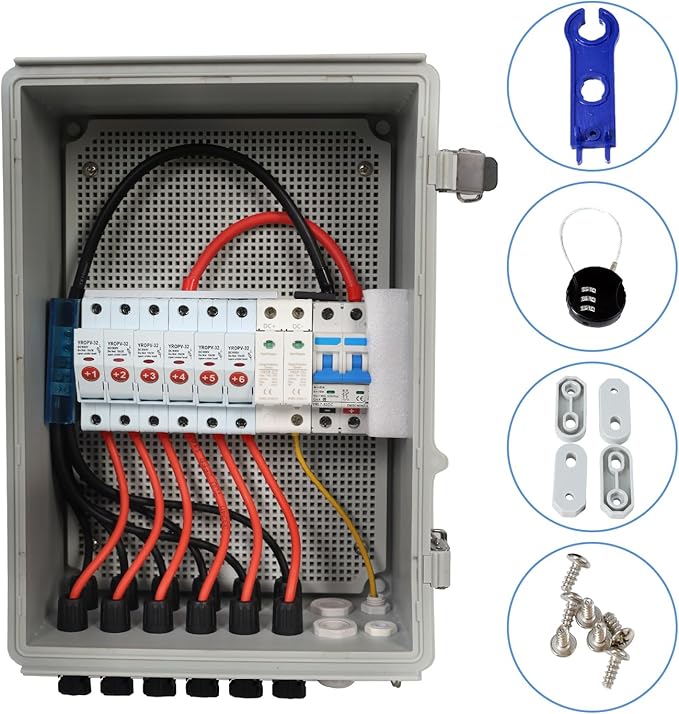 Solar 6 String PV Combiner Box with Lightning Arreste, 15A Rated Current Fuse and 2P 63A Circuit Breakers for On/Off Grid Solar Panel System (6 String PV Combiner Box)