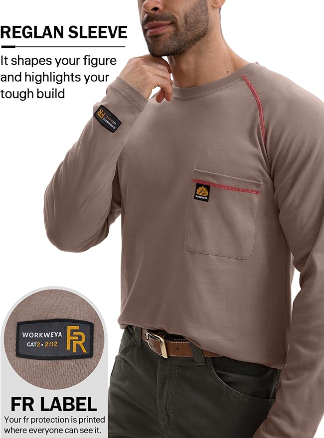 WORKWEYA FR Shirts Flame Resistant Shirt 6.5oz Men's NFPA 2112/CAT2 Long Sleeve Shirt