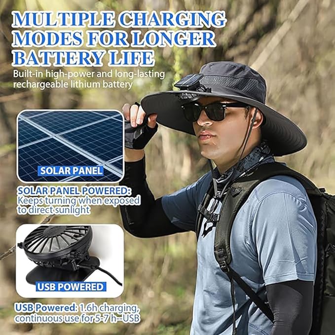 Wide Brim Solar Fan Hat, Hat with Solar Fans Built in, Large Fishing Hat with Fans for Men, for Outdoor Hiking Camping Fishing Garden, UPF 50+ Sun Breathable,Dark Gray Camouflage