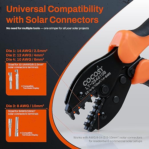 Solar Crimper Tool Kit for AWG8-12 Cable -23 PCS Solar Panel Connectors Kit with Ratcheting Crimping Tool Pliers, 12 Pairs of AWG8-14 Solar Connectors, 2 Wrenches, Bag