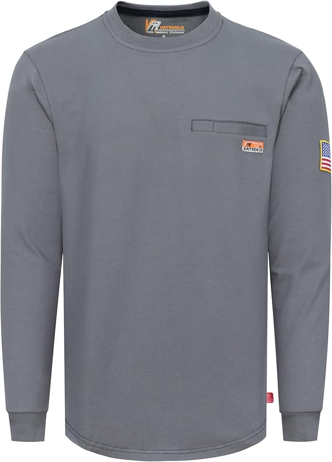 VATRENUS FR Shirt for Men Crewneck Midweight Utility Pocket Fire Resistant Long Sleeve Work Shirts NFPA2112 CAT2