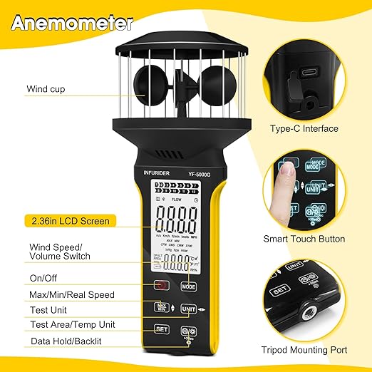 Digital Cup Anemometer, Handheld Wind Speed Meter with Anti-dust Touch Button, Rechargeable Wind Gauge CFM Meter, Waterproof, LCD Backlight, Wind Tester for Wind Volume, Wind Chill