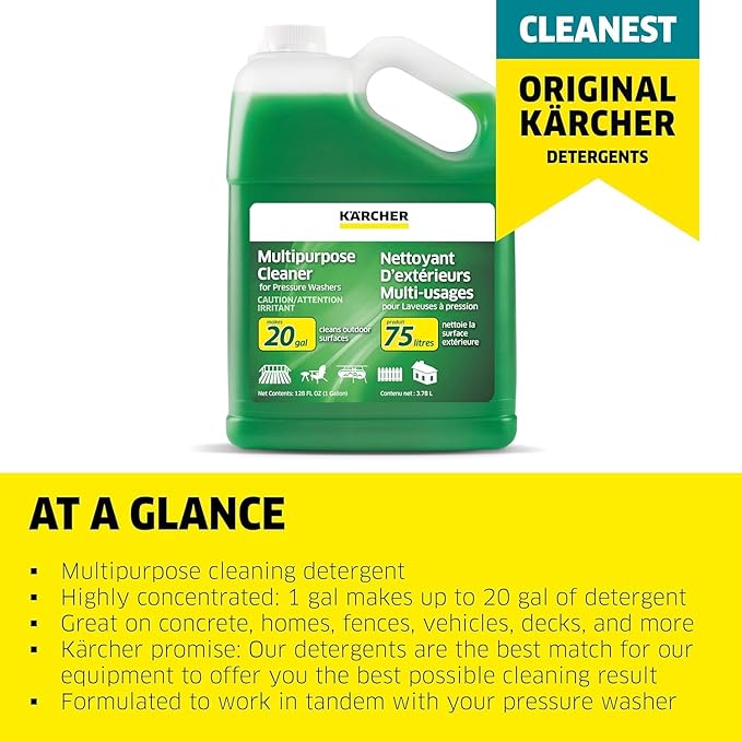 Kärcher Multi Purpose Pressure Washer Detergent, Removes Dirt and Grime from Fences, Siding, Patios, Driveways, Sidewalks, Concrete and More, Highly Concentrated, Makes up to 20 gal of Cleaner