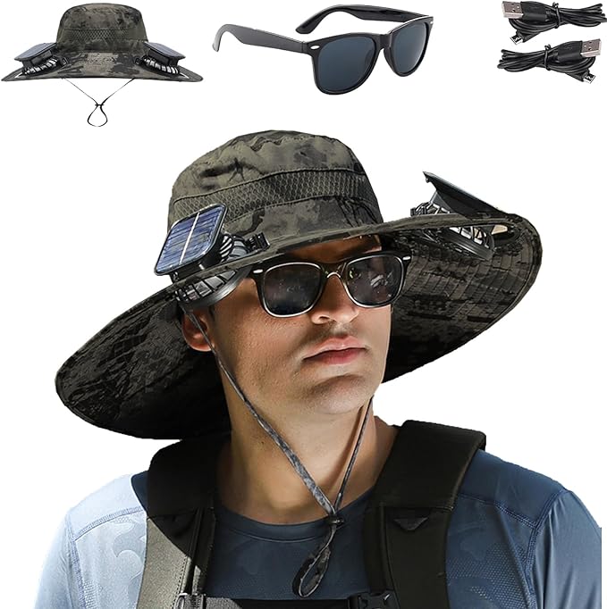 Fishing Hats with Sunglasses, Wide Brim Sun Hat with 2 Solar Fan, USB & Solar Powered Fishing Hats, Solar Fan Hats UPF 50+