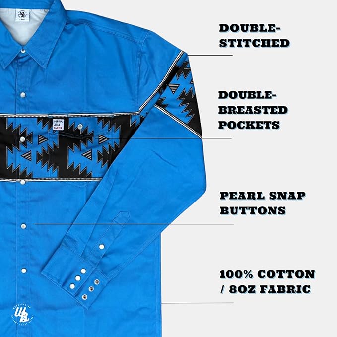 WoahBros FR Shirts for Men, 8oz Midweight Flame Resistant Welding Shirt, 100% Cotton, Pearl Snap Buttons - CAT2/NFPA2112
