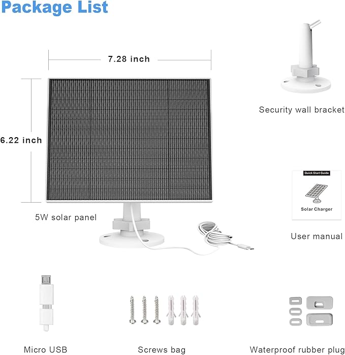 Solar Panel for Eufy Outdoor Camera, 5W Camera Solar Panel Charger Compatible with Eufycam, Continuous Power Supply, Solar Panel with 9.8ft Charging Cable, IP65 Waterproof, Adjustable Wall Mount