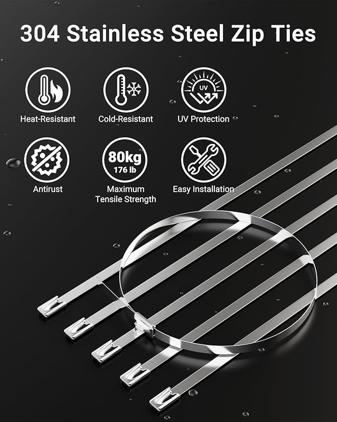 100 Pcs Metal Zip Ties 11.8 Inch, Heavy Duty 304 Stainless Steel Self-Locking Cable Ties, for Outdoor Fence, Cables, Pipes, Vehicles, Farms, Automotive Parts, Exhaust Wraps, Silver