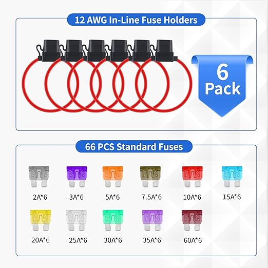 6 Pack Inline Fuse Holder 12V, Upgraded 12 AWG Waterproof Fuse Holder with 66 Pcs Standard Car Fuses (2A/3A/5A/7.5A/10A/15A/20A/25A/30A/35A/40A), YNZDRWA in Line Fuses Holders 12v for Marine Auto