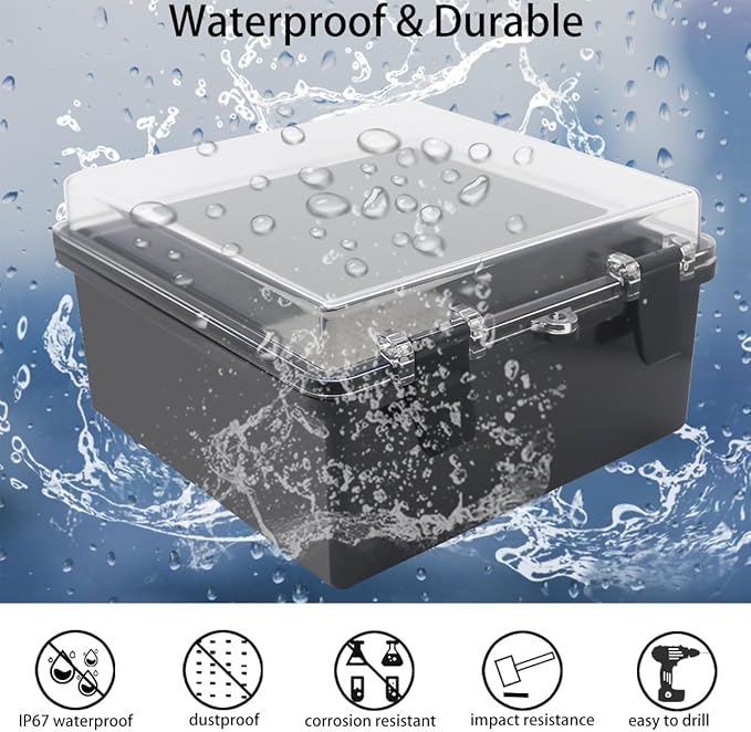 Junction Box, Hinged Black Clear Cover IP67 Waterproof ABS Project Box with Mounting Plate Electrical Box Enclosure with Wall Bracket 8.3 x 8.3 x 4.3inch(210x210x110mm)