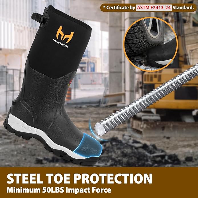 Rubber Work Boots for Men with Steel Toe, 1100N Puncture-Proof Hunting Boots with 7mm Neoprene Waterproof and EVA Midsole, Adjustable Back Gusset, Ideal for Hunting, Work, and Farming Size 7-14