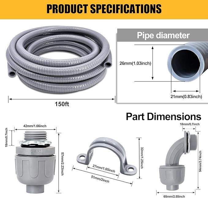 3/4 inch 150 Foot Liquid-Tight Conduit and Connector Kit, Flexible Non Metallic Electrical Conduit, With 10 Straight and 10 Angle Fittings and Pipe Strap