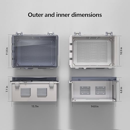 ABS Electrical Junction Box, Ventilated Design, Cable Grommets, IP65 Waterproof Enclosure, Indoor/Outdoor Use with Mounting Panel. (Clear Cover, 15.7"x11.8"x7.1")