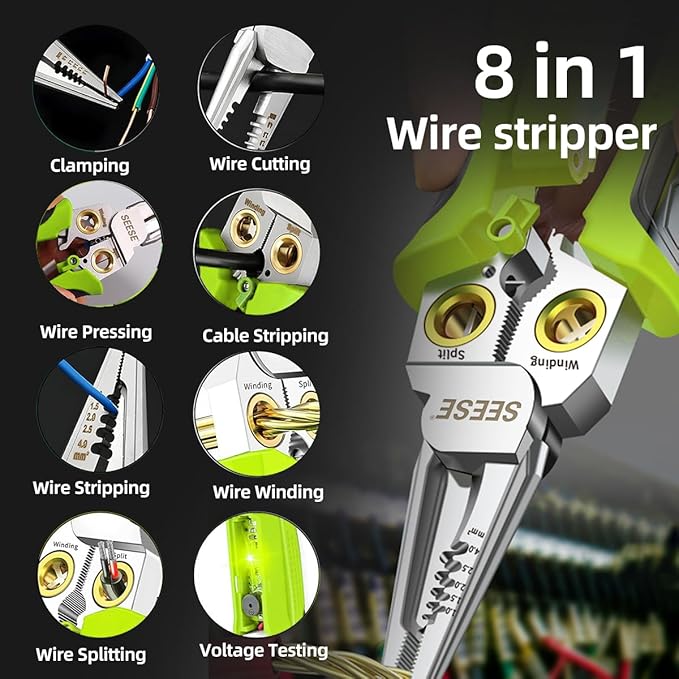 8-in-1 Wire Stripper for Electrician: Needle Nose Pliers with Voltage Tester & Dual Alarms - Electrical Pliers for Cutting Wires, Pulling Wires and Crimp Wires