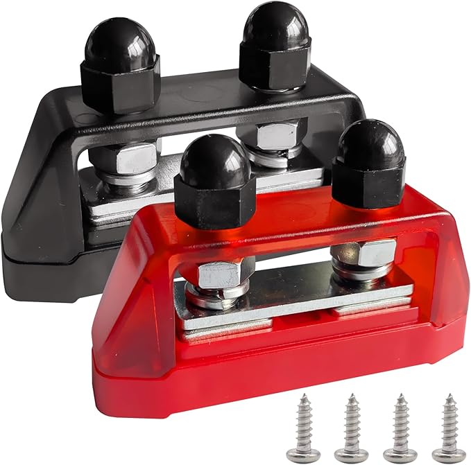 Ampper 5/16" Power Distribution Block Bus Bar 12V 200A, Dual Studs M8 Busbar Battery Junction Post Distribution Block for Car and More (W/Cover, Red and Black)