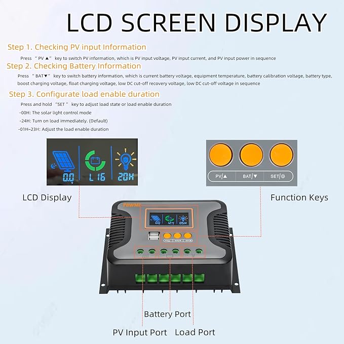 PowMr 30A 12V/24V/36V/48V PWM Solar Charge Controller w/ LCD Display USB Port for AGM, Gel, Flooded and Lithium Battery,for RVs, Yachts,Off-Gird, Max PV 100VDC,360W-1440W, Off-Gird Solar Controller
