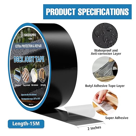 Joist Tape for Decking 2'' X 50',4 Rolls Weatherproof Butyl Tape for Decking,Butyl Sealant Tape,Deck Flashing Tape, Ideal for Wood Decks Beams Roof, Outdoor Construction Use