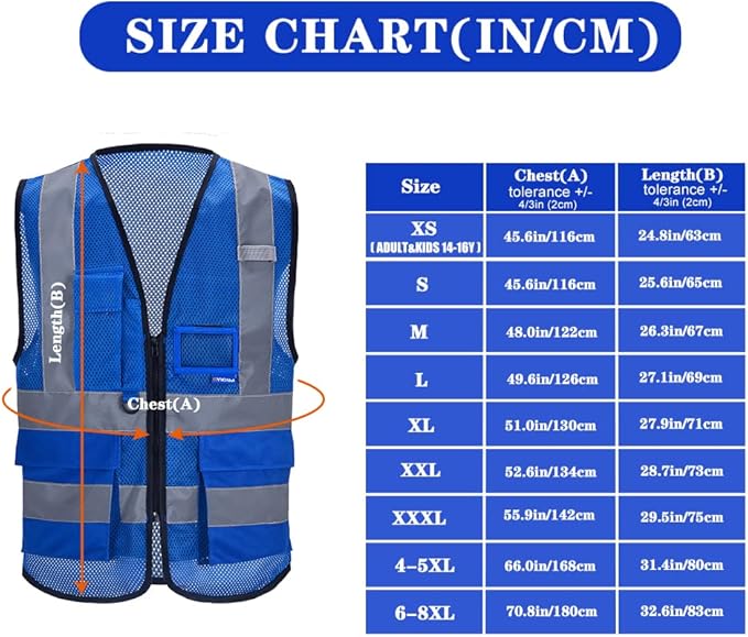 A-SAFETY High Visibility Mesh Safety Reflective Vest with Pockets and Zipper,Hi Viz Work Vest for Men Women (Blue Mesh 6XL-8XL)