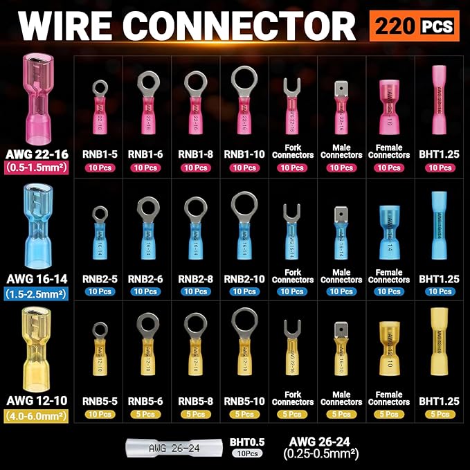 Preciva Wire Crimping Tool for Heat Shrink Connectors Kit, with 220PCS 26-10 AWG Heat Shrink Connectors,Ratcheting Crimper for Automotive, Electrical, Marine & Wiring Repairs