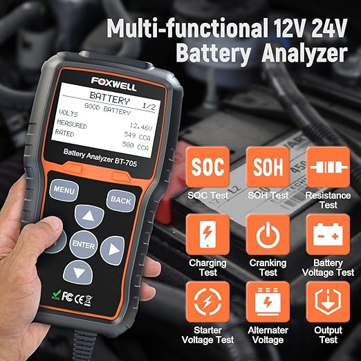 Car Battery Tester 24V 12V, FOXWELL BT705, GRS Certified Professional Automotive 100-2000CCA Load Tester, Digital Cranking Charging System Alternator Analyzer for Shop Mechanic Heavy Duty Truck Boat