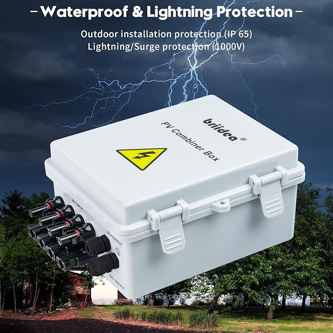 Solar Combiner Box, Briidea 4-String PV Combiner Box with 10A Circuit Breakers & Lightning Arrester, IP65 Waterproof, for On-Grid & Off-Grid Solar Panel Systems