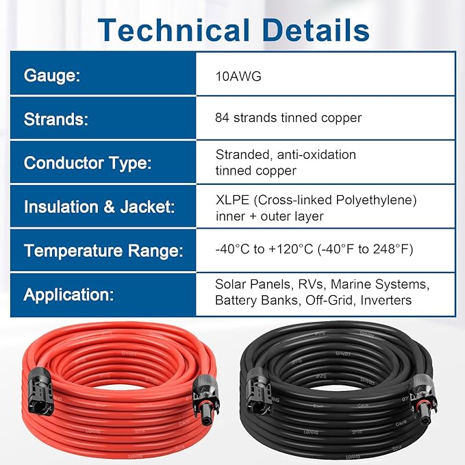 10AWG Solar Extension Cable 200FT – 2 Pack Red & Black PV Wire with Solar Connectors, 84-Strand Tinned Copper, Dual XLPE Insulated, Outdoor UV-Resistant Cable for RV, Inverter, Battery