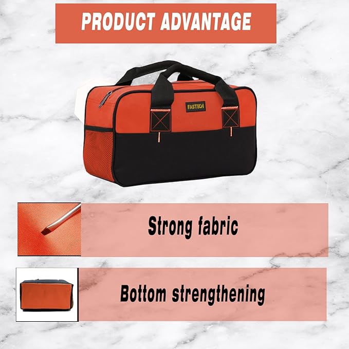 FASTECH 14 Inch Small Tool Tote Bag, Wide Mouth Zipper Bag, Waterproof Tool Organizer Bag, Multi-Pockets Wide Mouth Tool Tote For Man/Woman (Orange)
