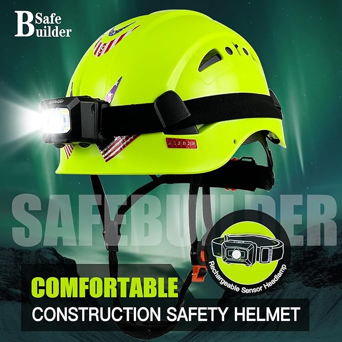 Construction Safety Helmet with Headlight Hard Hat Headlamp Adjustable Ventilation Hardhats Work Head Protection Certified ANSI/ISEA Z89.1
