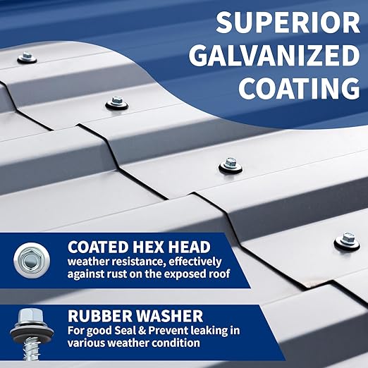 Metal Roofing Screws 10 x 1 Galvanized Hex Head Sheet Metal Screws, Metal to Wood Siding Screws, Self Tapping Screws with EPDM Washer for Corrugated Roofing (Silver-300Pcs)